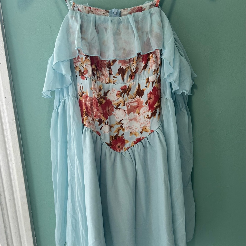 Cider Light Blue Floral Ruffle Midi Dress